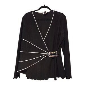 Vintage 90s Joseph Ribkoff Buckle Wrap Top Womens 16 Black White Stretch Canada